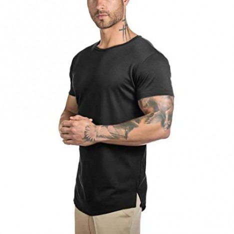 Mens Longline Gym Muscle Bodybuilding Tshirts Hipster Reflective Line Scallop Crewneck Tees Shirts Tops
