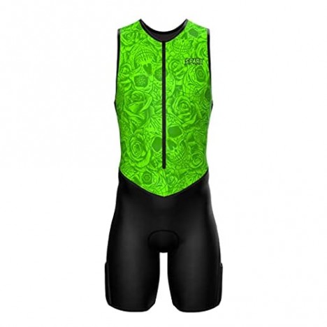 Sparx X Triathlon Suit Men Racing Tri Cycling Skin Suit Bike Swim Run (Green Skulls M)
