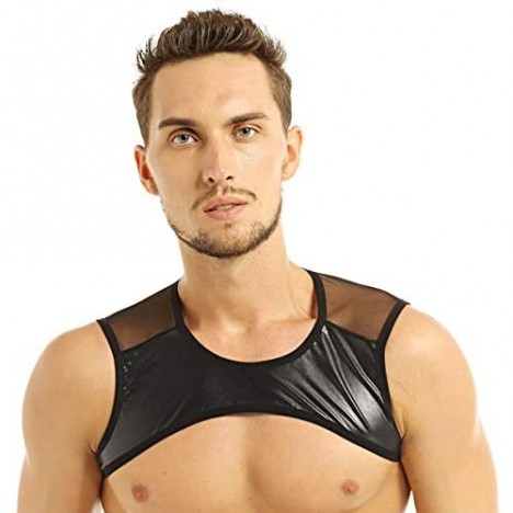 moily Men's Faux Leather Mesh Splice Patchwork Sexy Sleeveless Muscle Half Crop Tank Top Clubwear