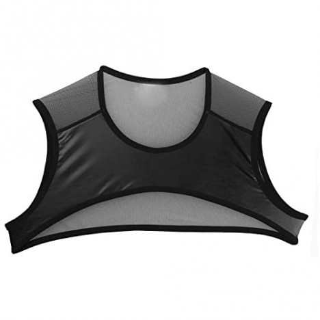 moily Men's Faux Leather Mesh Splice Patchwork Sexy Sleeveless Muscle Half Crop Tank Top Clubwear