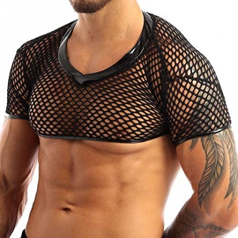 Mufeng Men's Fishnet See Through Half Muscle Crop Tops Short Sleeve Half T-Shirt