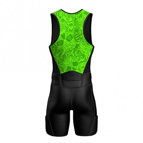 Sparx X Triathlon Suit Men Racing Tri Cycling Skin Suit Bike Swim Run (Green Skulls 2XL)