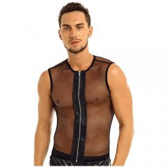 TiaoBug Men's See-Through Mesh Sleeveless Fishnet Zipper Muscle Vest T-Shirt