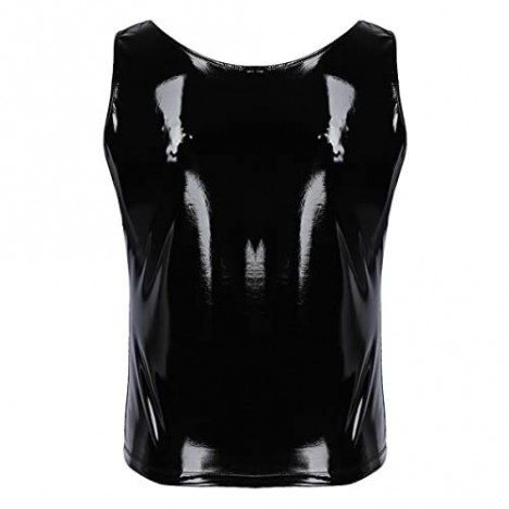 winying Mens Shiny Metallic Faux Leather Sleeveless Tank Top Vest Muscle Tight T-Shirts Crop Tops Clubwear