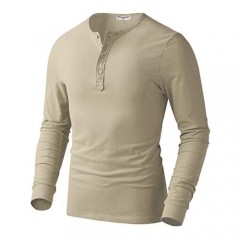 Derminpro Men's 100% Cotton Slim Fit Henleys Buttoned Long Sleeve T-Shirts Beige Large