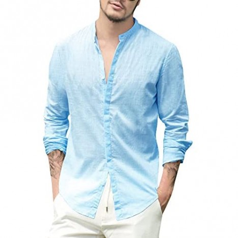 Enjoybuy Mens Linen Cotton Shirt Banded Collar Casual Long Sleeve Loose Fit Summer Beach T Shirts