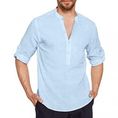 JINIDU Men's Linen Henley Shirts Long Sleeve Cotton Casual Beach Hippie T Shirt