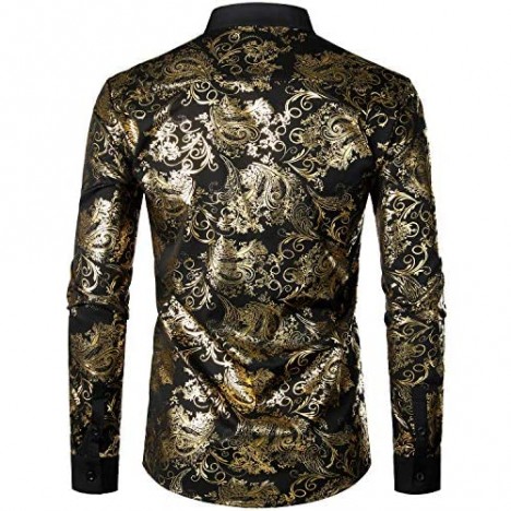 JOGAL Men's Henley Shirts Metallic Gold Print Paisley Button Down Shirt