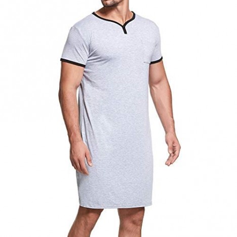 Lu's Chic Men's Nightshirt Short Sleeve Nightgown Henley Sleep Gowns Nightwear for Sleeping