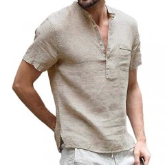 Men's Henley Cotton Linen T-Shirts Short Sleeve Buttons Pocket Summer Beach Tops