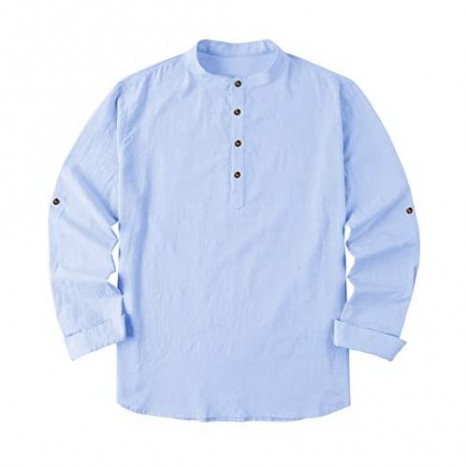 Mens Linen Henley Shirt Causual Long Sleeve Cotton T-Shirt Loose Fit Lightweight Beach Yoga Tops