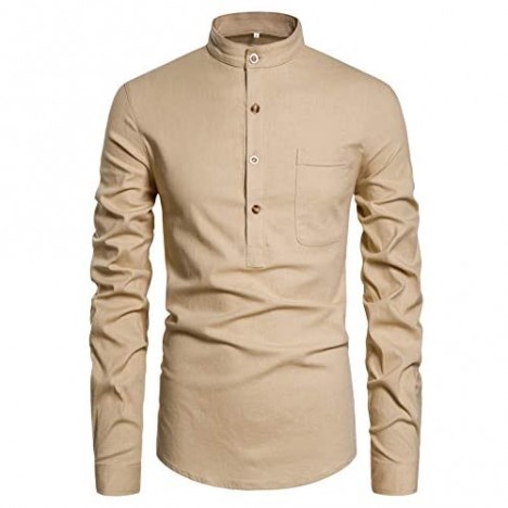 Men's Long Sleeve Henley Neck Shirts Relaxed-Fit Casual Linen Shirt
