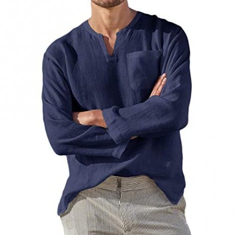 Men's Long Sleeve Linen Shirts V-Neck Loose Fit Casual Hippie Beach Tops with Pocket