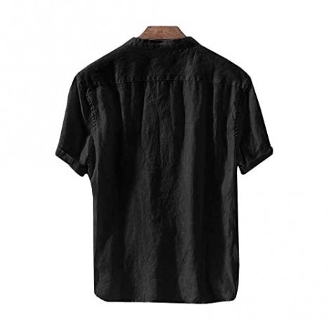 Pretifeel Mens Linen Henley Shirt Short Sleeve Beach Slim Fit Fashion Casual Tee Summer Lightweight Plain Blouse (Medium 02 Black)