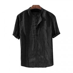 Pretifeel Mens Linen Henley Shirt Short Sleeve Beach Slim Fit Fashion Casual Tee Summer Lightweight Plain Blouse (Medium 02 Black)