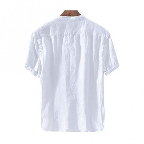 Taoliyuan Mens Linen Henley Shirts Short Sleeve Casual Banded Collar Summer Beach Loose Fit T Shirt with Pocket