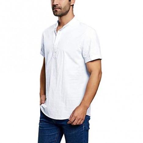 Taoliyuan Mens Linen Henley Shirts Short Sleeve Casual Banded Collar Summer Beach Loose Fit T Shirt with Pocket