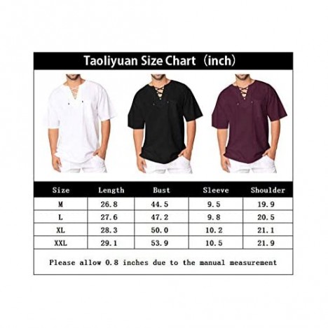 Taoliyuan Mens Long Sleeve T Shirts Lace up Casual Hippie Cotton Summer Beach V Neck Loose Fit Yoga Top