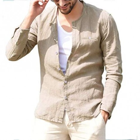 URRU Mens Long-Sleeve Cotton Linen Shirt Summer Beach Casual Shirt Loose Fit Henleys Collar Tops