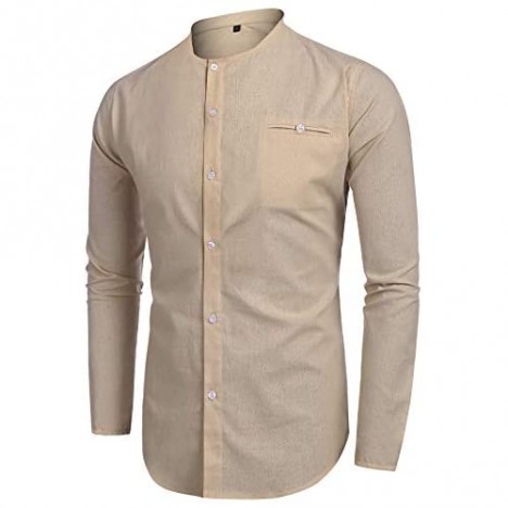 URRU Mens Long-Sleeve Cotton Linen Shirt Summer Beach Casual Shirt Loose Fit Henleys Collar Tops