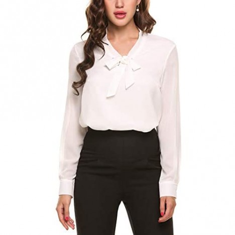 ACEVOG Womens Bow Tie Neck Long/Short Sleeve Casual Office Work Chiffon Blouse Shirts Tops