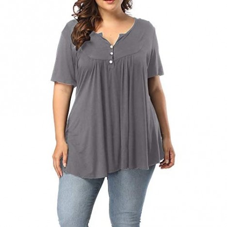 Allegrace Women's Plus Size Henley V Neck Button Up Tunic Tops Casual Short Sleeve Ruffle Blouse Shirts