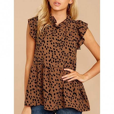 Avanova Women's Ruffle Sleeve Leopard Printed Babydoll Blouse Tops Casual T Shirt