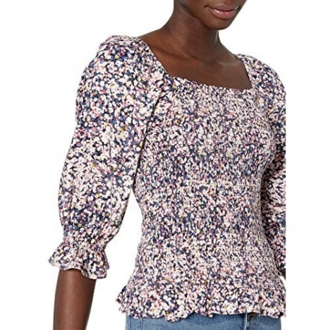 Brand - Goodthreads Women's Fluid Twill Slim Fit Puff Sleeve Square Neck Crop Shirt