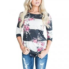 CEASIKERY Women's Blouse 3/4 Sleeve Floral Print T-Shirt Comfy Casual Tops for Women 003
