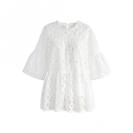 Chicwish Women's White Lace Organza Dolly Shirt Blouse Top with Bell Sleeves