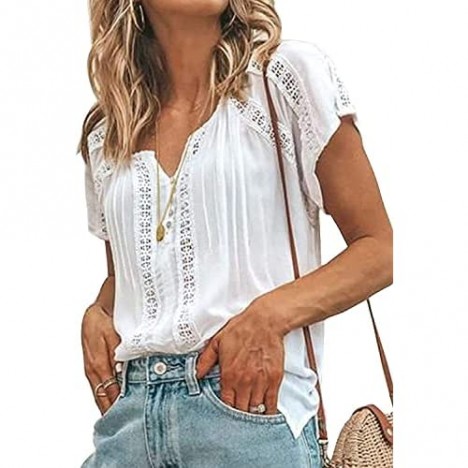 Cisisily Women's V Neck Lace Crochet Tops Casual T Shirts Blouses Tops