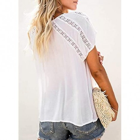 Cisisily Women's V Neck Lace Crochet Tops Casual T Shirts Blouses Tops