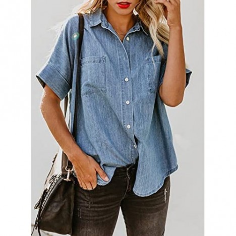 Dokotoo Blouses for Women Casual V Neck Short Sleeve Womens Denim Tops and Blouse