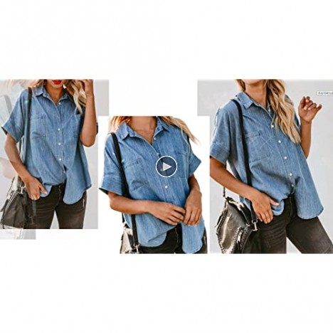 Dokotoo Blouses for Women Casual V Neck Short Sleeve Womens Denim Tops and Blouse