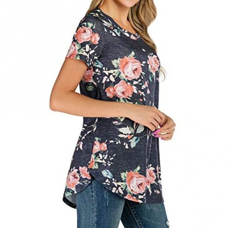 Ezcosplay Womens Round Neck Short Sleeve Floral Print Asymmetric Hem Shirt Tops