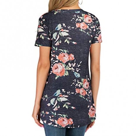 Ezcosplay Womens Round Neck Short Sleeve Floral Print Asymmetric Hem Shirt Tops