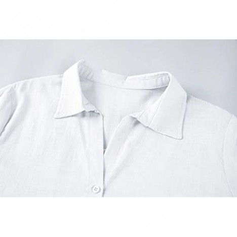 Hestenve Womens Long Sleeve Button Down Shirts Linen Cotton Blouse Casual Work Plain V-Neck Tops