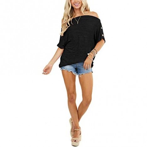 INFITTY Womens Off Shoulder Tops Casual Summer Loose Button Down Short Sleeve Shirt Tunic Blouse