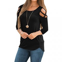 LIOFOER Womens 3/4 Sleeve Blouse Loose Strappy Cold Shoulder Tops