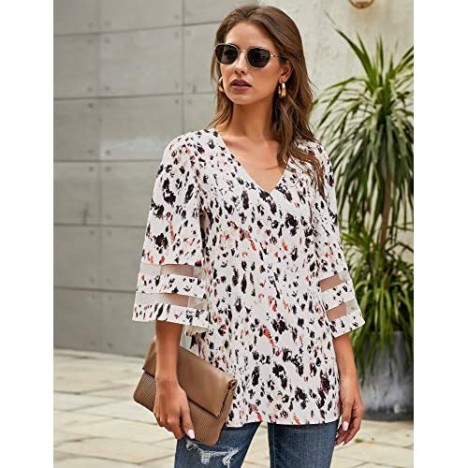 LookbookStore Women Beige Leopard Print Tops for Women V Neck Casual Mesh Panel Blouse 3/4 Bell Sleeve Loose Top Shirt Size L(US 12-14)