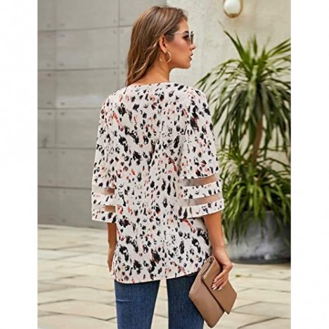 LookbookStore Women Beige Leopard Print Tops for Women V Neck Casual Mesh Panel Blouse 3/4 Bell Sleeve Loose Top Shirt Size M(US 8-10)