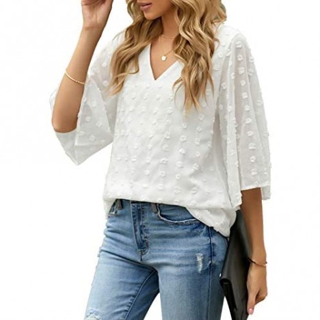 LookbookStore Women Chiffon Shirts Summer Casual V Neck Bell Sleeve Pom Pom Tops 3/4 Sleeve V Neck Loose Top Floral Textured Blouse Shirt Beige Size M