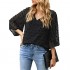 LookbookStore Women Chiffon Shirts Summer Casual V Neck Bell Sleeve Pom Pom Tops 3/4 Sleeve V Neck Loose Top Floral Textured Blouse Shirt Black Size L