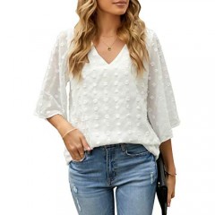 LookbookStore Women Chiffon Shirts Summer Casual V Neck Bell Sleeve Pom Pom Tops 3/4 Sleeve V Neck Loose Top Floral Textured Blouse Shirt Beige Size L