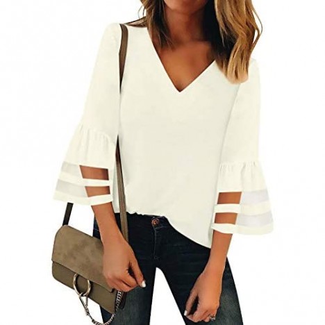LookbookStore Women Summer Cute Bright White V Neck Mesh Panel Blouse 3/4 Bell Sleeve Ruffled Loose Blouse and Tops for Women Size M