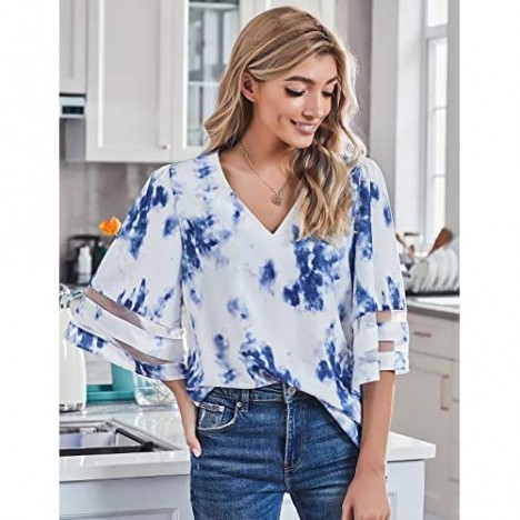 LookbookStore Women's Casual Cute Fashion Tie Dye Shirts for Women V Neck Mesh Panel 3/4 Bell Sleeve Loose Blouse Top Flowy Lounge Shirt Tie Dye Navy Size X-Large