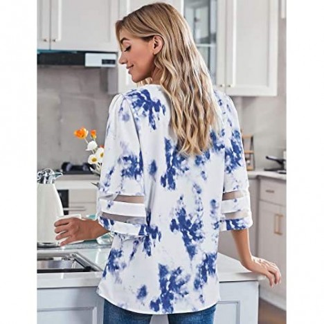 LookbookStore Women's Casual Cute Fashion Tie Dye Shirts for Women V Neck Mesh Panel 3/4 Bell Sleeve Loose Blouse Top Flowy Lounge Shirt Tie Dye Navy Size X-Large