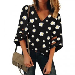 LookbookStore Women's Casual Cute V Neck Mesh Panel Blouse 3/4 Bell Sleeve Loose Top Flowy Lounge Shirt Daisy Floral Printed Black Size Medium