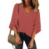 LookbookStore Women's Casual Cute V Neck Mesh Panel Blouse 3/4 Bell Sleeve Loose Top Flowy Knit Lounge Shirt Rococco Red Size XX-Large