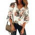 LookbookStore Women's V Neck Floral Print Mesh Panel Blouse 3/4 Bell Sleeve Loose Summer Top Shirt Apricot Size Small